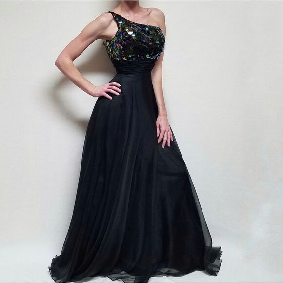 PARTYTIME Black Chiffon Multi-color Mosaic Jewel One-Shoulder Ruched Maxi Dress - Picture 2 of 13